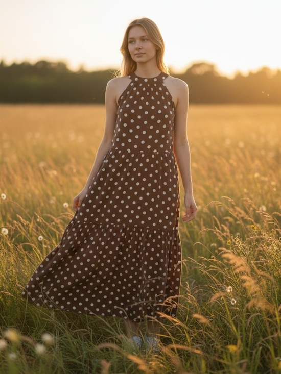 Nicole Miller Dresses & Skirts - Nicole Miller Brown and White Polka Dot Maxi Halter Dress